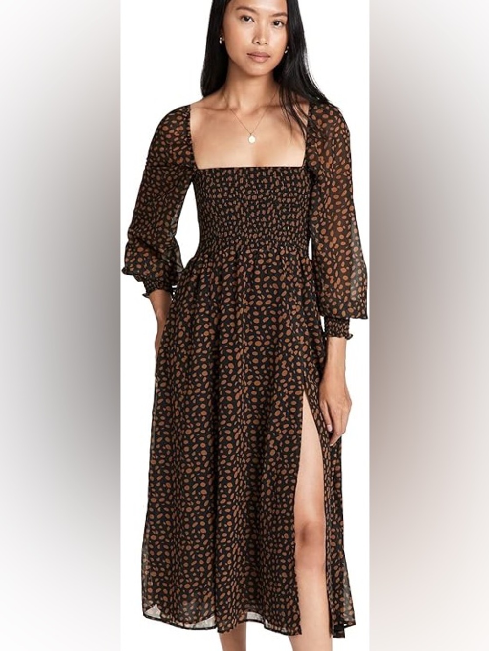 O.P.T Classic Smocked Maxi Dress Animal Print Black Brown Sz S NWT